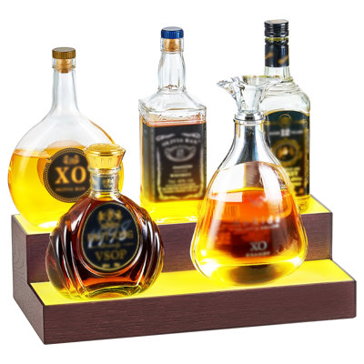LED Lighted Liquor Bottle Display, 2-Tier 16 Inch Whiskey Rack, Supports USB, Illuminated Home Bar Shelf with RF Remote & App Control, 7 Static Colors by Wrought Studio