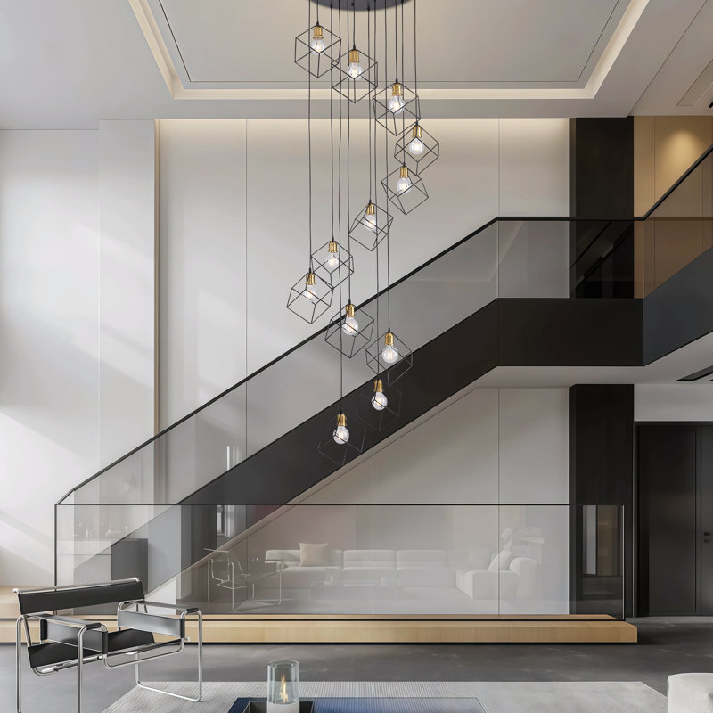 Modern Foyer Chandelier For High Ceilings, 7 Light Geometric Staircase Chandelier Black Metal Cage Pendant Light, 157" Long Spiral Hanging Light Fixture For Living Room Dining Room Entryway