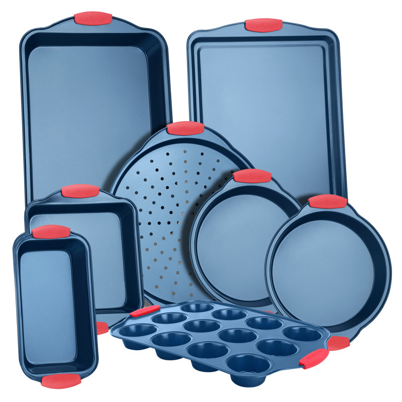 NutriChef 8-Piece Blue Nonstick Carbon Steel Bakeware Set with Red Silicone Handles