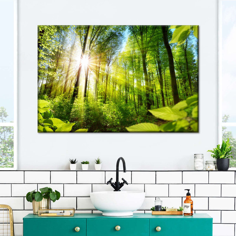 Forêt ensoleillée sur toile, H 16 po x l 24 po