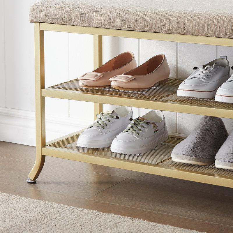 2-in-1 Gold Metal Shoe Rack Bench, 2-Tier Storage with Soft Cushioned Seat, for Entryway Hallway Living Room Bedroom