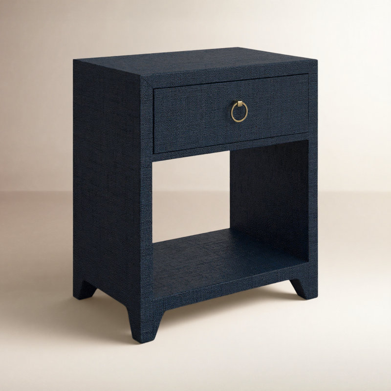 Bar Harbor Raffia 1 Drawer Nightstand, Navy Blue