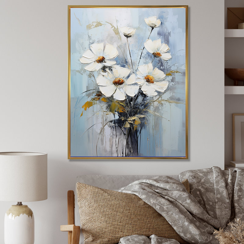 " White Daisy Bloom Bouquet Elegance ", Gold Floater Framed, 32" H x 16" W x 1" D
