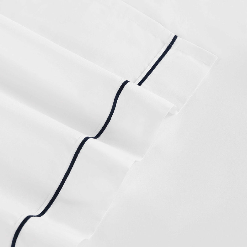 Tommy Hilfiger Solid Cotton Hem Stripe Sheet Set, Navy, Queen Sheet Set with 4 Additional Pieces