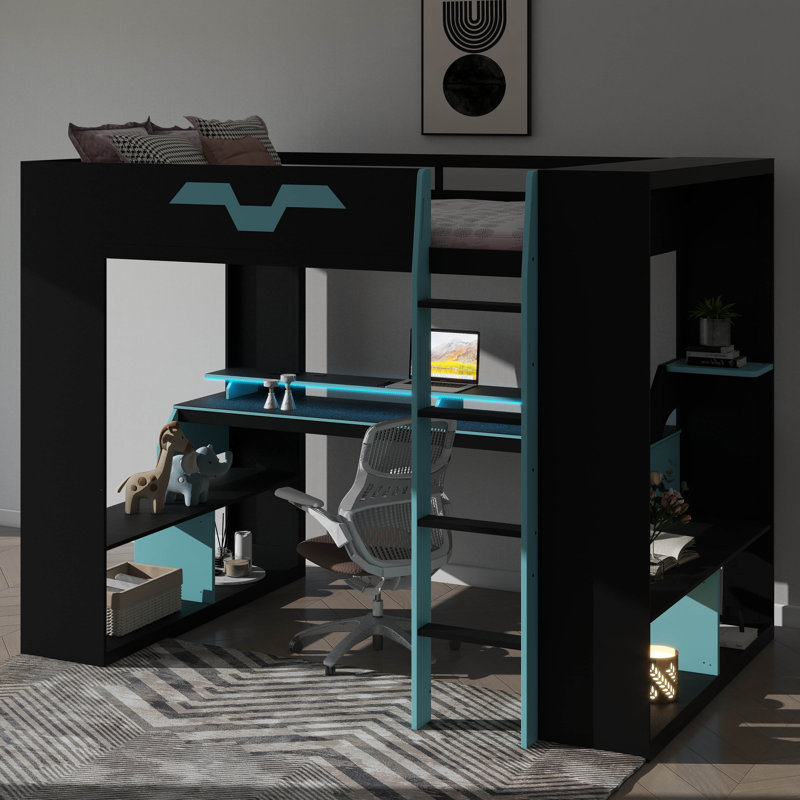 Lit mezzanine double en bois pleine grandeur avec prise de courant et connecteurs USB / Type-C, organisateur de câbles intégré et éclairage RVB