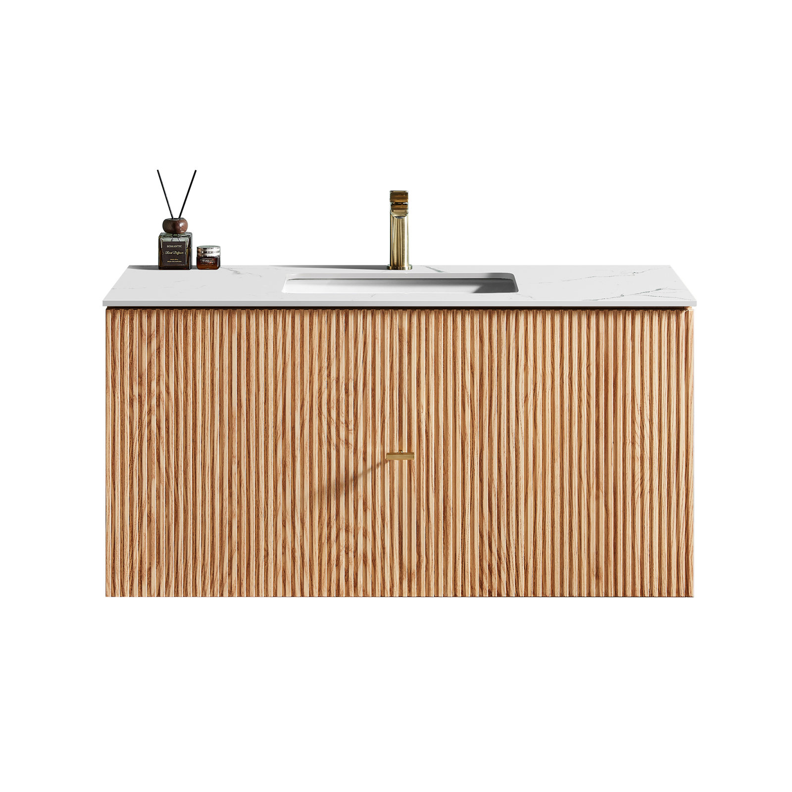 Jamell 42 Wall Mount Modern Bathroom Vanity, White, Natural Oak