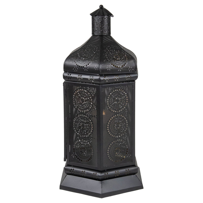 21.5" Moroccan Style Pillar Candle Table Lantern, Black/Gold