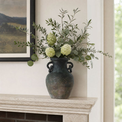 Vase en terre cuite de 32 cm (12,6 po) avec poignées à double anneau, vase de table antique foncé