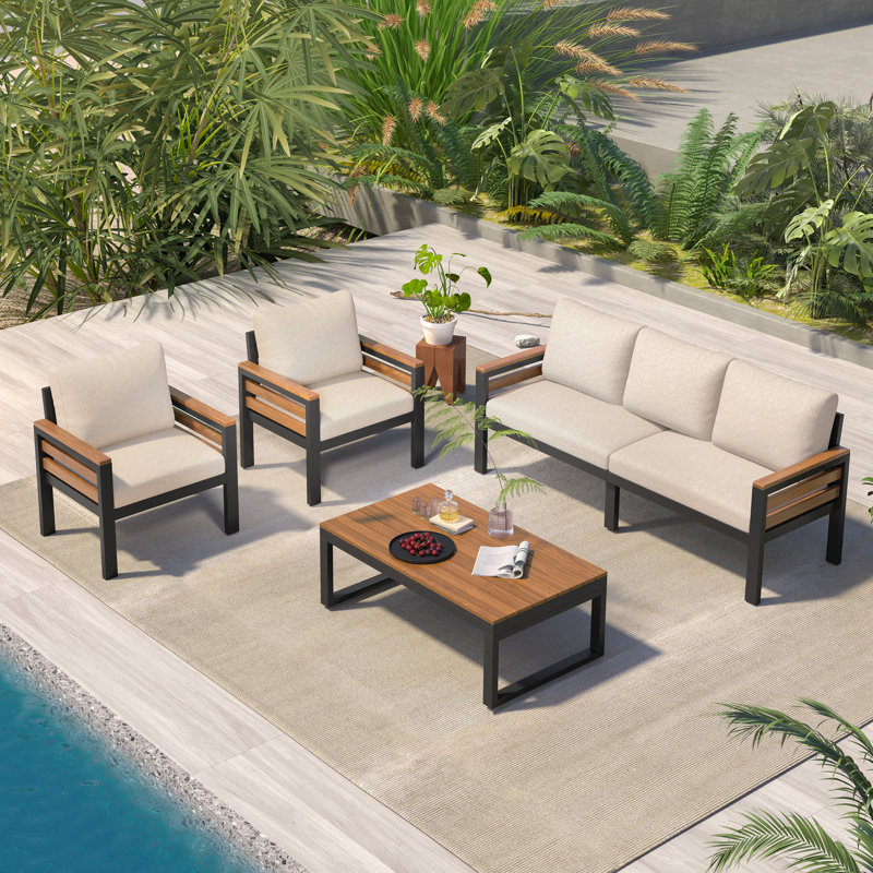 4-Piece Outdoor Furniture Sofa Set with Armrests and Removable Cushion, Beige