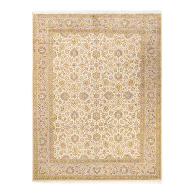 Tapis unique ivoire / brun / vert noué à la main 8 pi 3 po x 10 pi 7 po Hayner