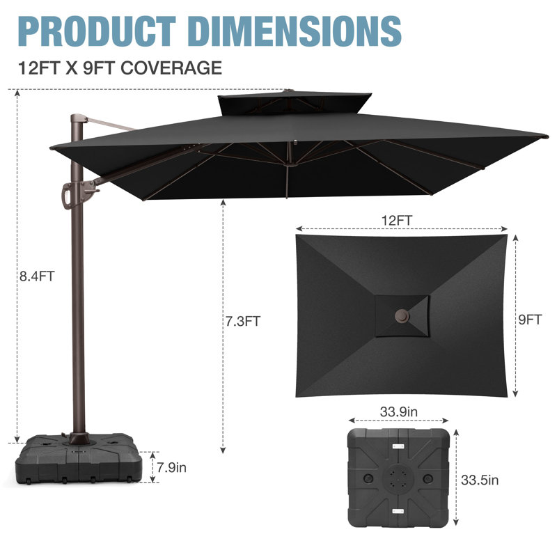 Parasol excentré en porte-à-faux de 141 po x 104 po, base incluse, Noir