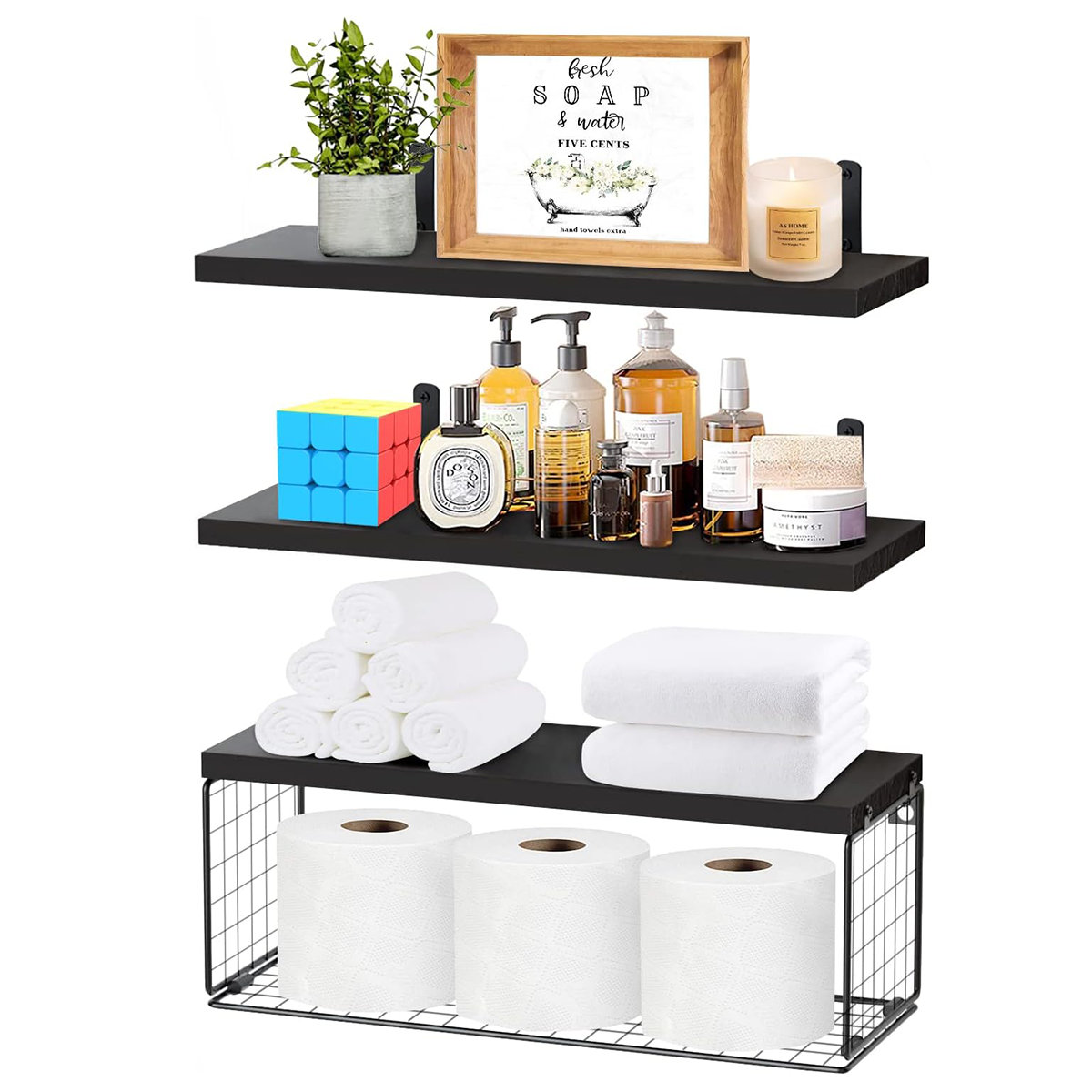 16.5 in. W x 6 in. D Grey Wood Floating Bathroom Shelves Wall Mounted with Wire Basket Decorative Wall Shelf