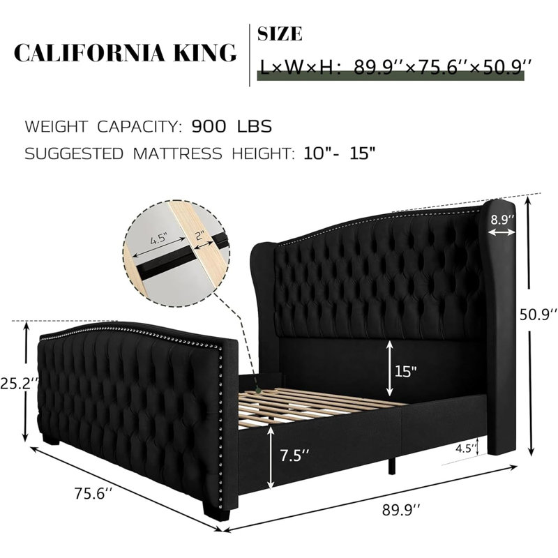 Platform Bed Frame With Wingback Headboard, Black, California King