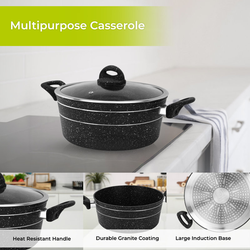 ROYALFORD Casserole Dish | Induction Safe Cooking Pot with Tempered Glass Lid | Forged Aluminium Cookware with 5-Layer Non-Stick Granite Coating PFOA Free & Dishwasher Safe | Terranox Series