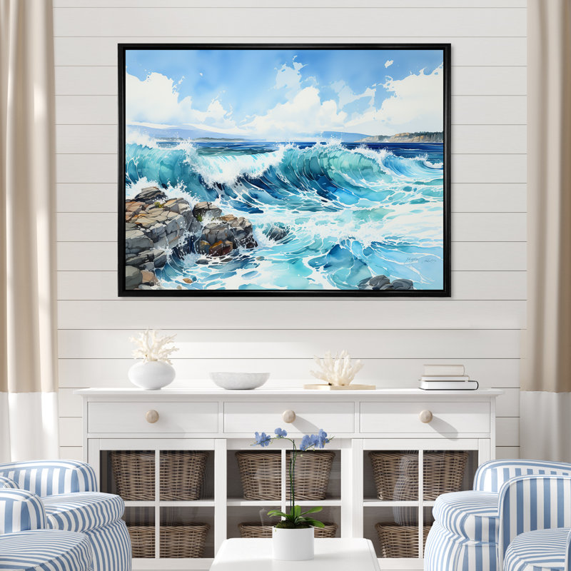 Océan bleu en mouvement, impression sur toile, H 24 po x l 32 po x P 1 po, Cadre flottant noir