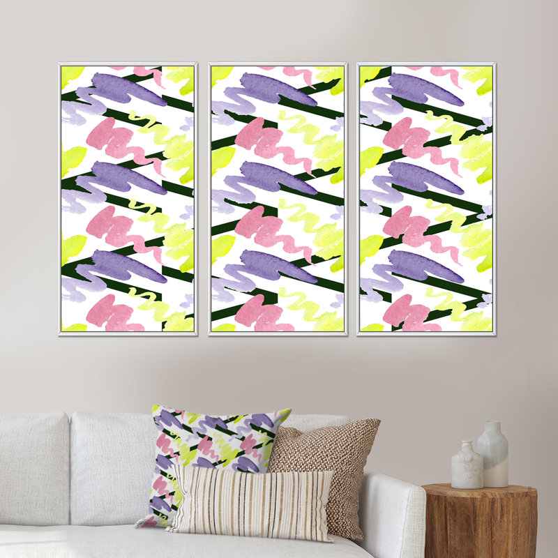 «Yellow Purpule» et «Zig Zag» rose abstraite - reproduction de cadre flottant sur toile 3 pièces, Cadre blanc