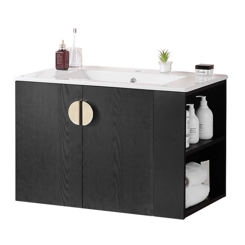 Meuble-lavabo 30 po avec lavabo en céramique, porte et armoire de rangement, Noir, Or