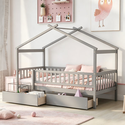 Lit simple en bois avec deux tiroirs, gris, parfait pour les chambres d'enfants et les solutions de rangement peu encombrantes