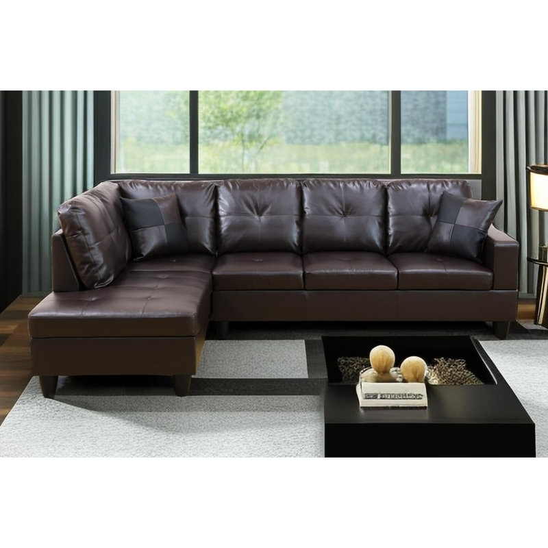 Bawan Faux Leather L-Shaped Sectional, Brown Faux Leather, Left Hand Facing