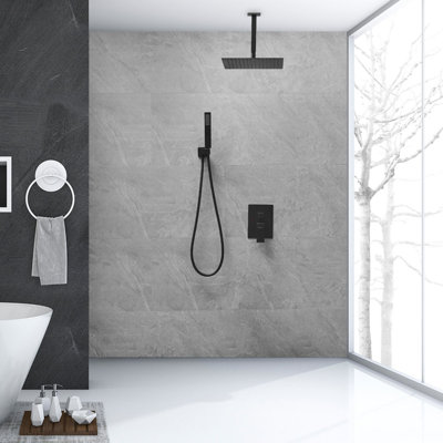Système de douche de plafond de 16 pouces avec ensemble de robinet de douche à une poignée et ensemble de garniture de douche à haute pression en laiton avec valve à pression équilibrée