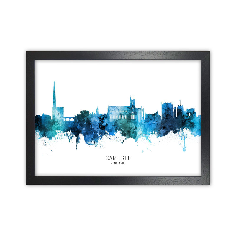 Carlisle England Skyline Blue City Name by Michael Tompsett - Print, 25cm H x 34cm W x 3cm D, Black Framed