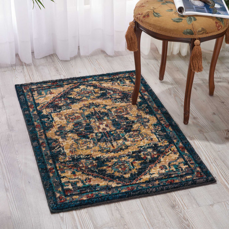 Tapis oriental bleu tissé à la machine, Rectangle 2 pi 3 po x 3 pi