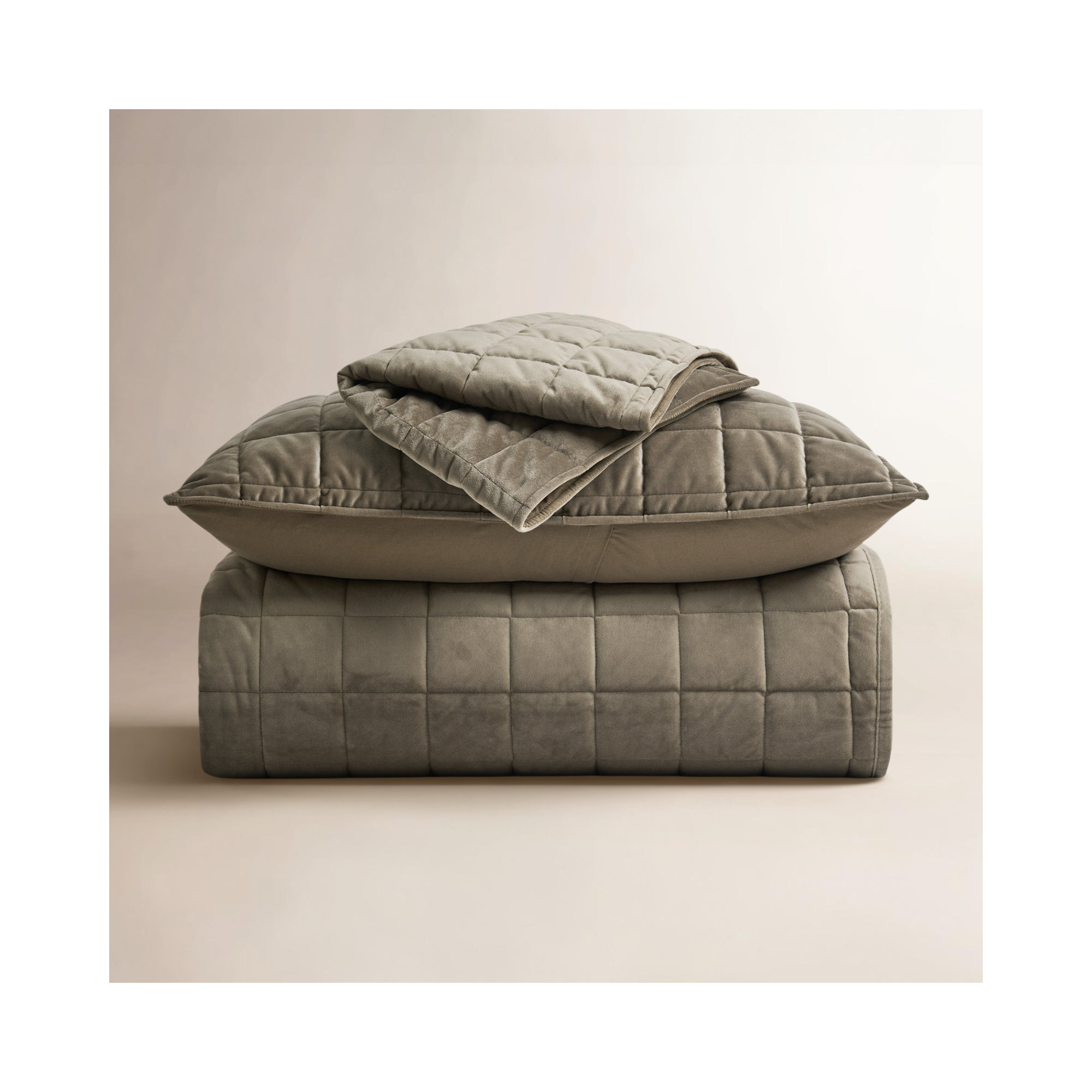 Box Stitch PearlVelvet Quilt set, Mocha Brown, Queen Quilt + 2 Standard Shams
