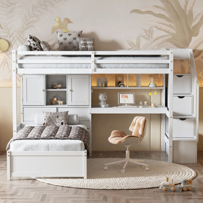 Twin Loft Bed with Built-in Desk and Staircase, No Box Spring Needed, Solid Pine Wood, 94.4''Lx92''Wx67.5''H