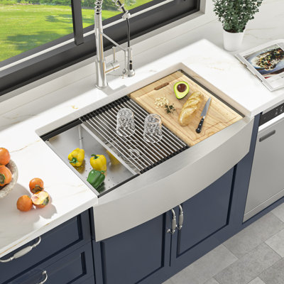 33" L x 21" W Framhouse/Apron Kitchen Sink Ledge Workstation Stainless Steel Single Bowl Sinks Basin with Accessories