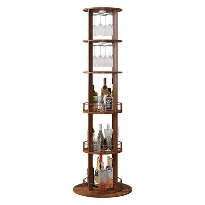 73.2" Tall Rotating Wine Bar Cabinet, Round Freestanding Wine Rack with Glass Holder, 3-Tier Storage Shelves, MDF and Metal, Walnut