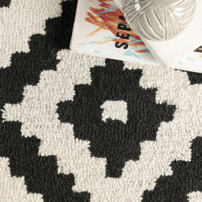 Decca Geometric Handmade Tufted Wool Black/Cream Area Rug, Oval 8' x 10'