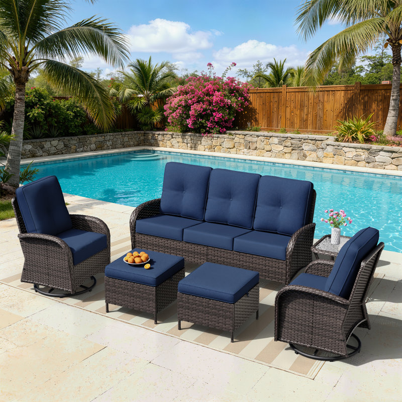 5-Person Outdoor Patio Conversation Rattan Sofa Seating Group With Side Table,2 Swivel Chairs，2 Ottomans and Blue Cushions