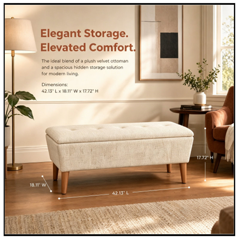 Banc rembourré avec siège souple et pieds robustes, Beige