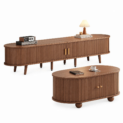 TV Unit & Coffee Table Set, Dark Walnut TV Stand for TVs up to 70 Inches with 2 Drawers & 2 Sliding Doors, Matching Coffee Table with 2 Sliding Doors, MDF