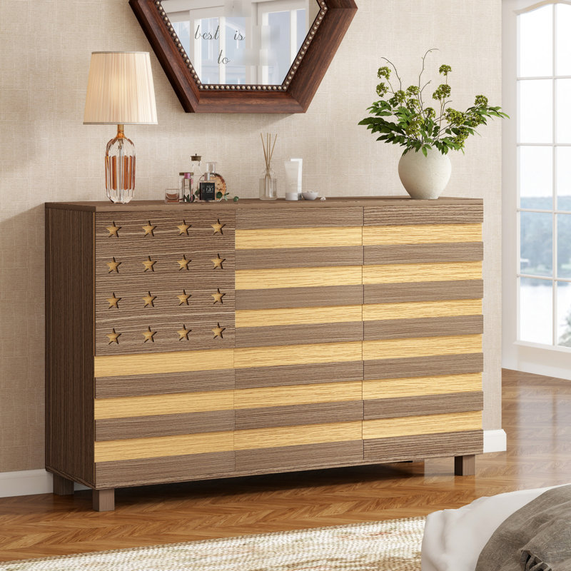 Hand - Buffet de 55 po, 2 tiroirs 3 portes, multifonctionnel pour la cuisine et les espaces de vie, console de café, tablettes réglables, protection pour les pointes, capacité de 200 livres, palette de couleurs brun jaune,