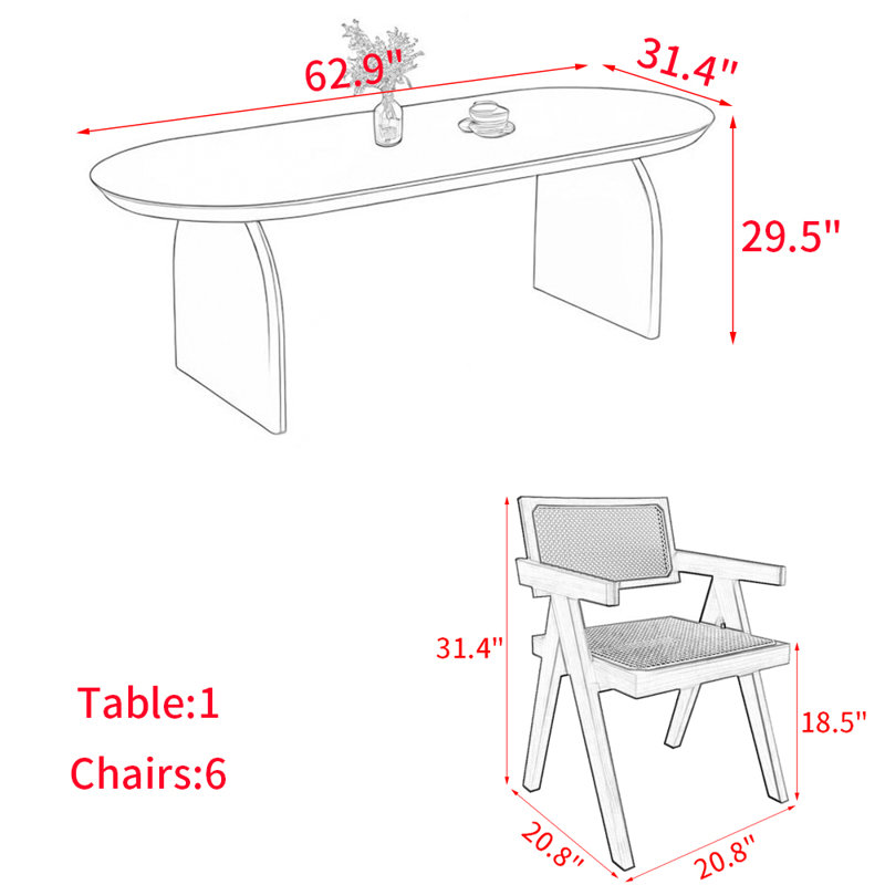 Modern solid wood oval dining table set, 29.5"H x 62.9"L x 31.4"W, 7 Pieces: Table, 6 Chairs