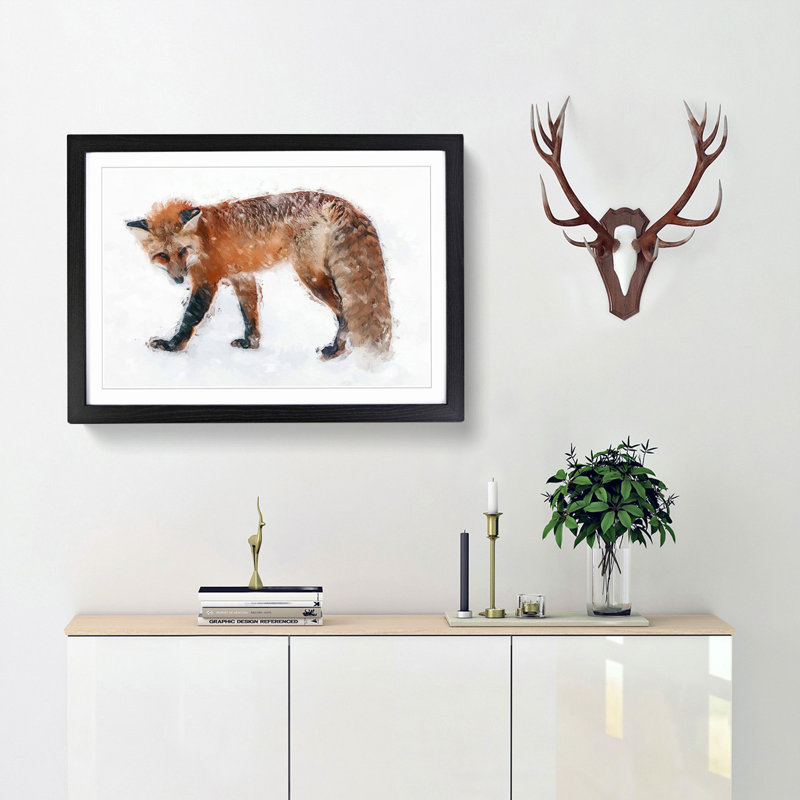 Red Fox in the Winter in Abstract - Picture Frame Painting Print, 36cm H x 48cm W x 2cm D, Black Framed