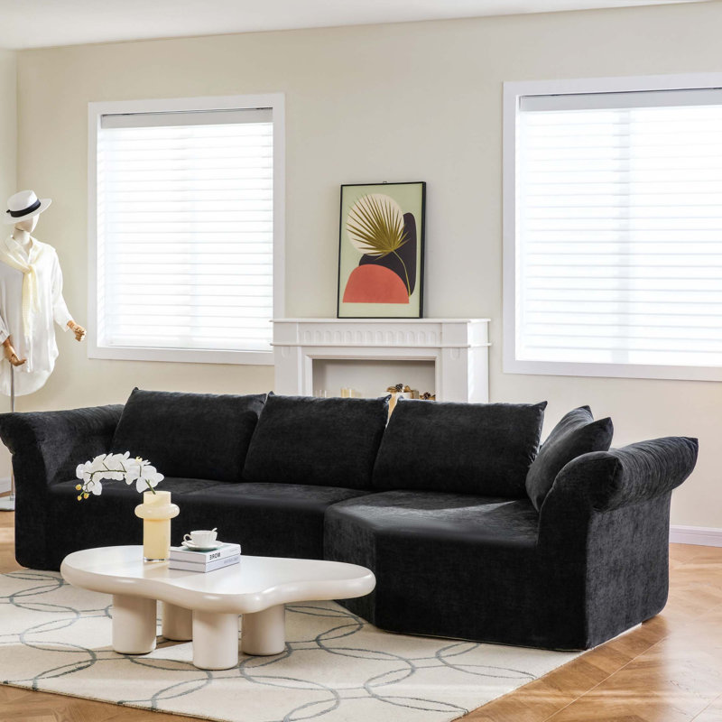 Canapé modulaire moderne avec accoudoirs larges et coussins Modern Minimalist, Tissu noir, Right Hand Facing