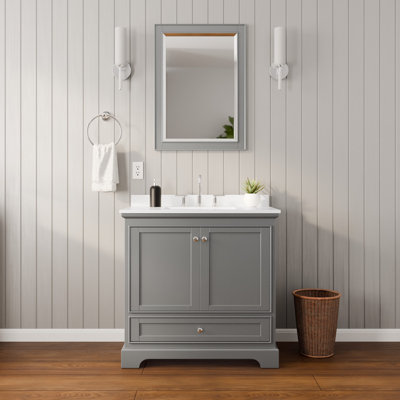 Meuble-lavabo simple 36 po Deborah en gris foncé, comptoir en marbre de culture blanc, lavabo carré encastré (3 trous), garniture en chrome poli, miroir 24 po