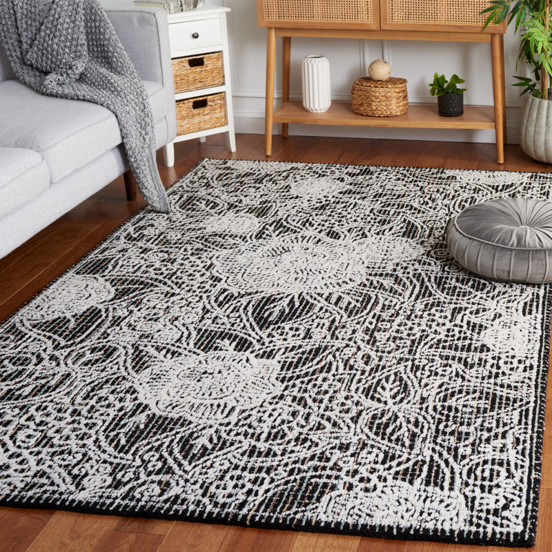 Chrishaunda Hand Tufted Wool Cotton Pet Floral Rug in Black/Ivory, Rectangle 8' x 10'