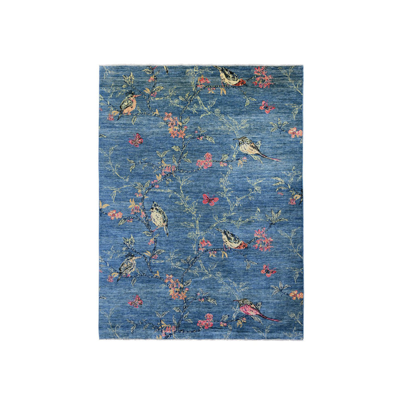 Tapis en laine douce noué à la main 9 pi 2 po x 11 pi 10 po bleu Sparrows on the Tree 5951EA7D78314046A7EF79419E8BC91E