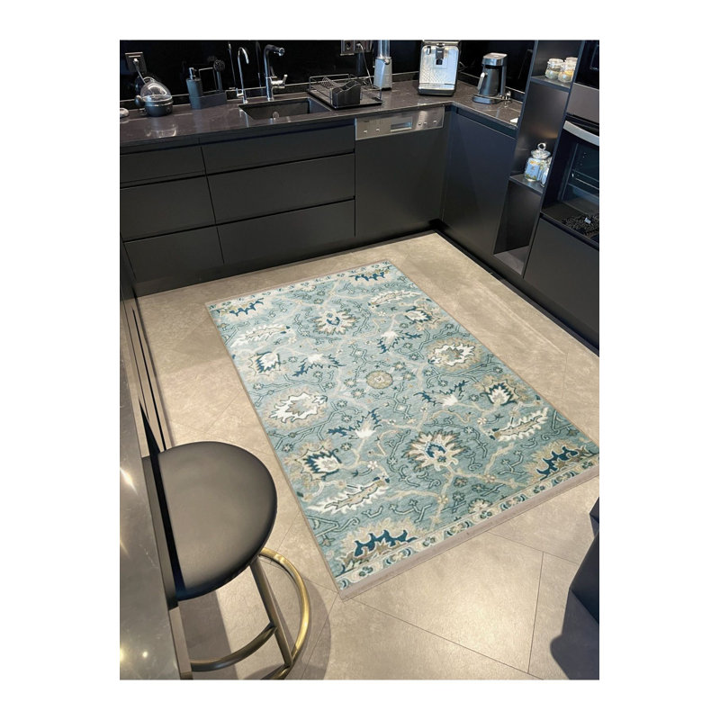 Tapis décoratif lavable à la machine bleu clair à motif floral et floral, Rectangle 3 pi 11 po x 5 pi 11 po