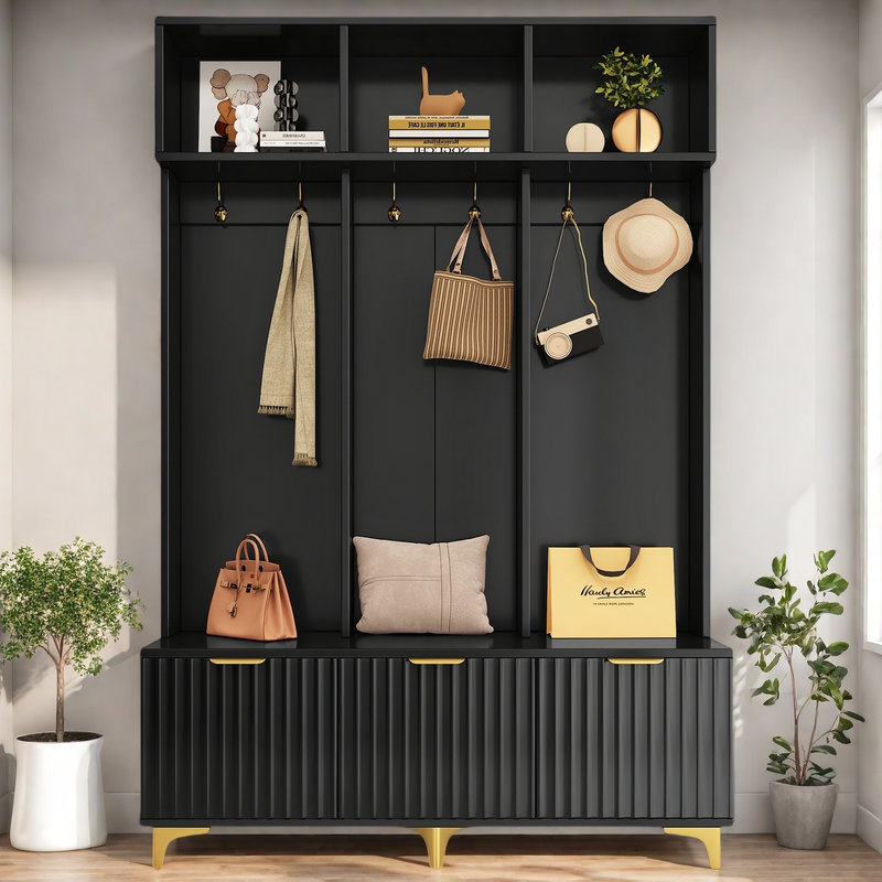 75.4" H Hall Tree with Open Storage, 3-in-1 Hall Tree with Bench, Black