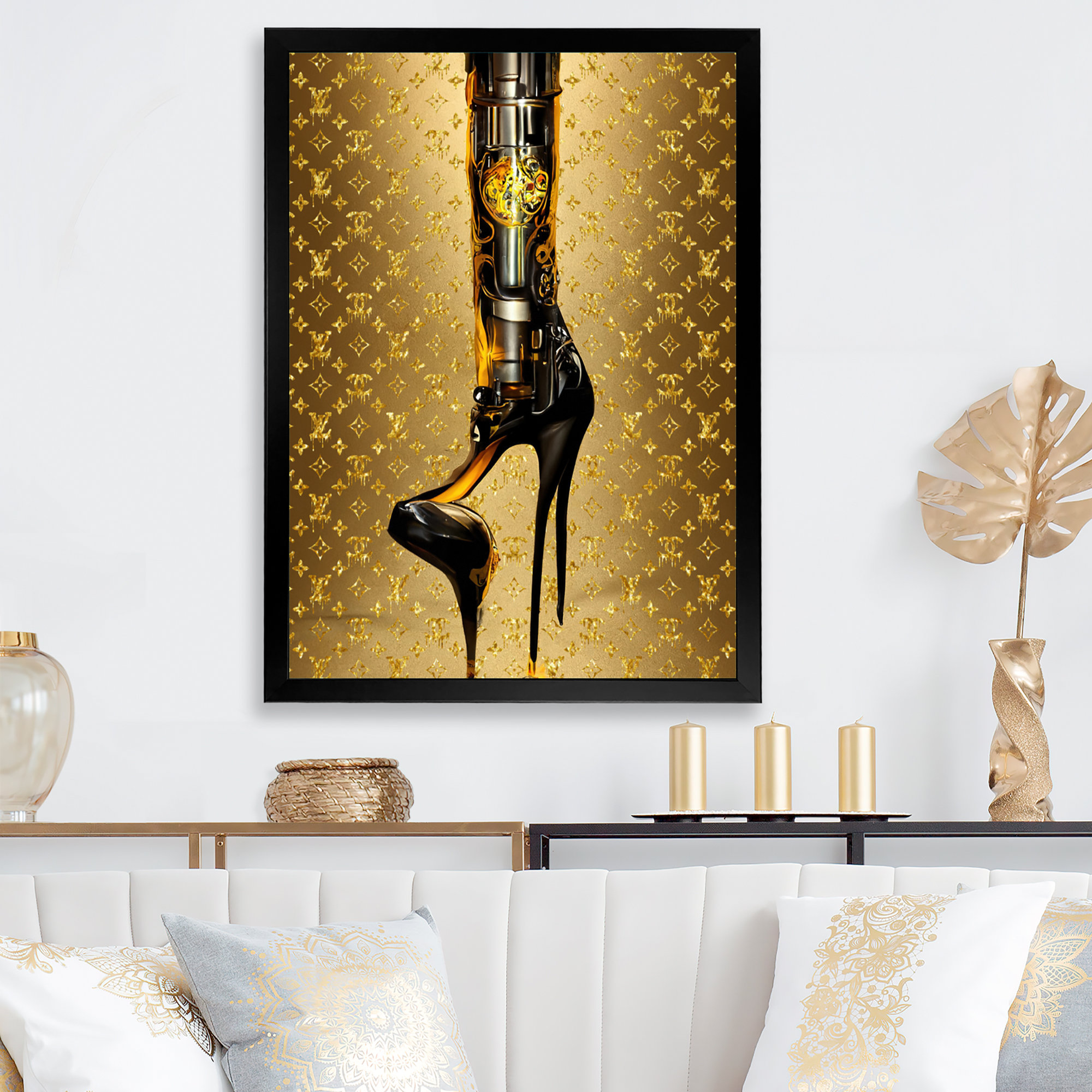 Luxury Brand Bionic Heel V - Fashion Canvas Wall Art House of Hampton Size: 12 W x 20 H, Format: Gold Picture Framed