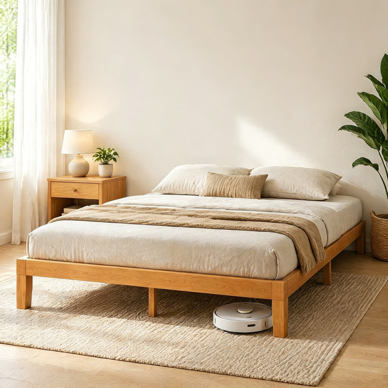 Lit plateforme en bois massif avec lattes en bois silencieuses, Queen