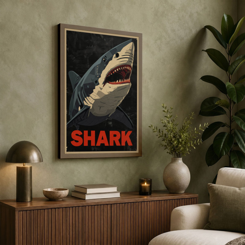 Shark Graphic Art - Wrapped Canvas, 30x20 - 76.2 x 50.8 cm, Cream Border