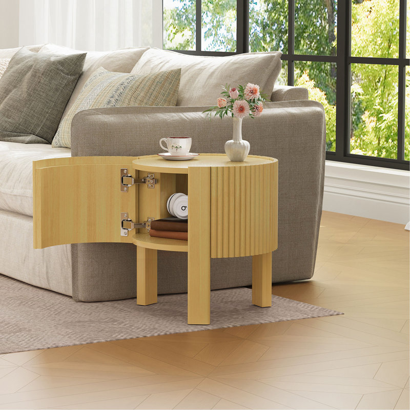 Table d'appoint ronde cannelée avec rangement pour le salon, bois d'hévéa massif, porte à fermeture en douceur, naturel, 19,6 po