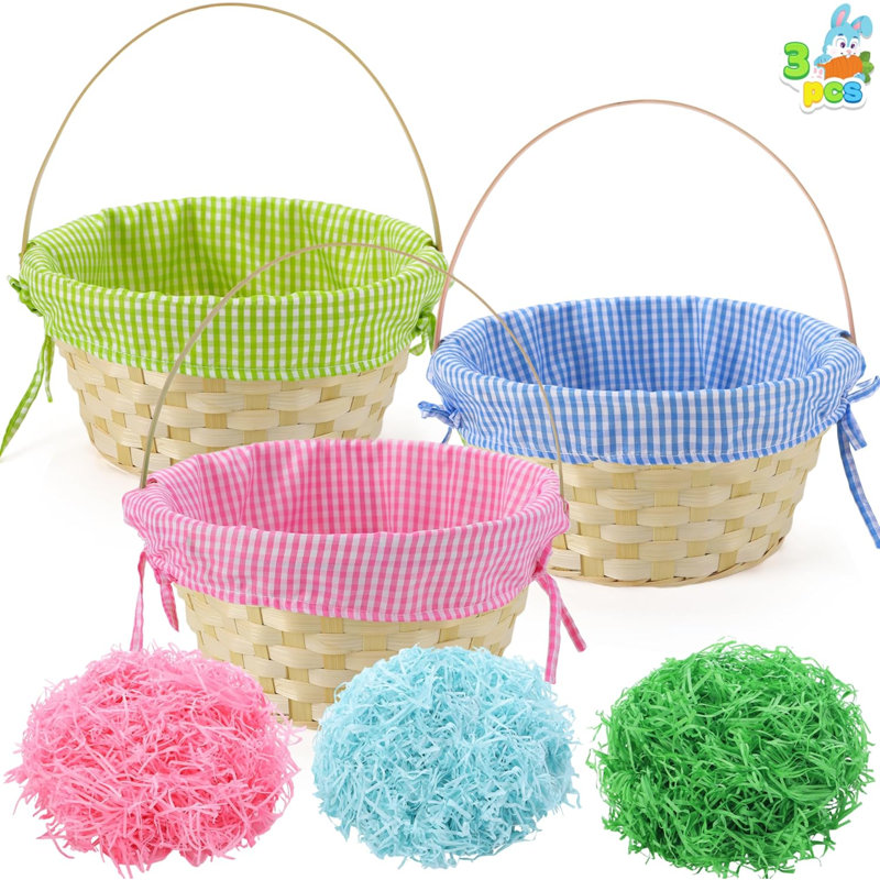 3 paniers en bambou de Pâques avec doublure et poignée en tissu écossais et 3 feuilles de papier broyé pour la chasse aux œufs de Pâques