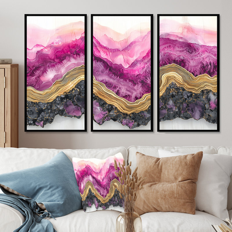 «Forest River of Amethyst Crystal II», art mural forêt - ensemble de 3, H 32 po x l 48 po, Noir