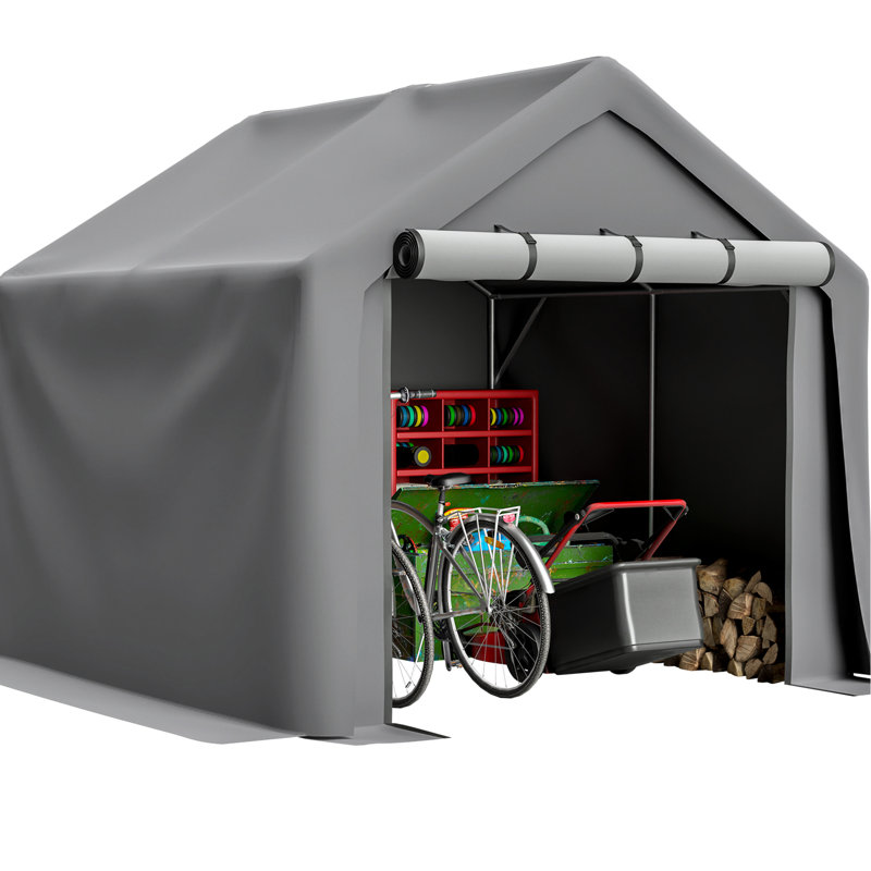 Abri extérieur de 8 pi x 8 pi avec portes enroulables, structure imperméable et galvanisée, spacieuse pour plusieurs articles, très grand abri à ventilation réglable de qualité d'air, renfort géométrique,